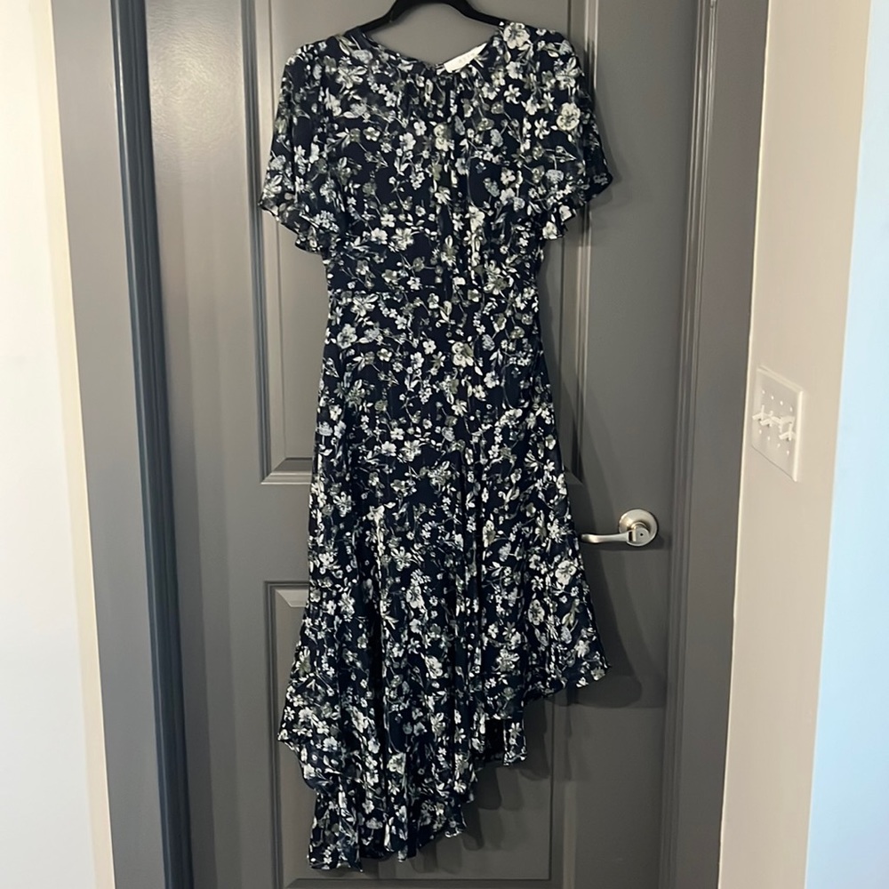 Aster the label flutter sleeve asymmetrical maxi dress